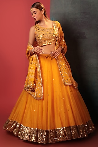 Yellow Organza Embellished Lehenga Set by Siddhartha Daga