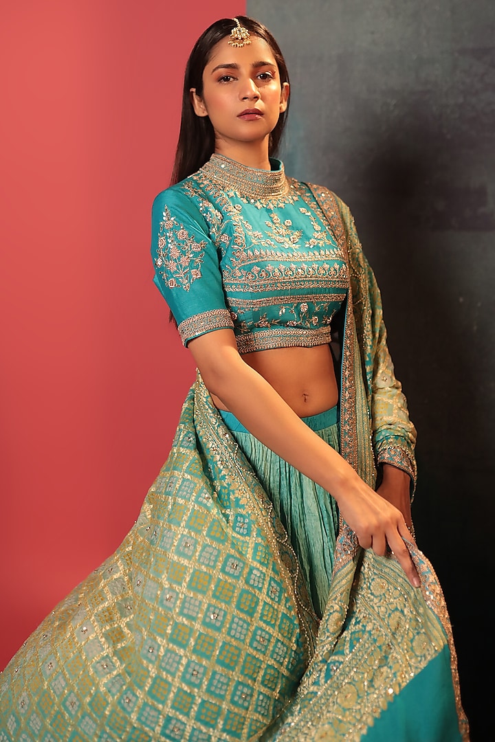 Blue Crush & Pure Georgette Silk Ombre Bridal Lehenga Set by Siddhartha Daga at Pernia's Pop Up Shop