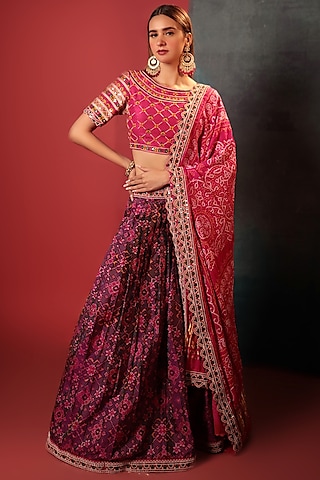 Purple Silk Embroidered Patola Lehenga Set by Siddhartha Daga