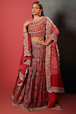 Red Silk Embroidered Patola Lehenga Set by Siddhartha Daga