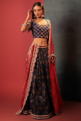 Blue Silk Embroidered Patola Lehenga Set by Siddhartha Daga