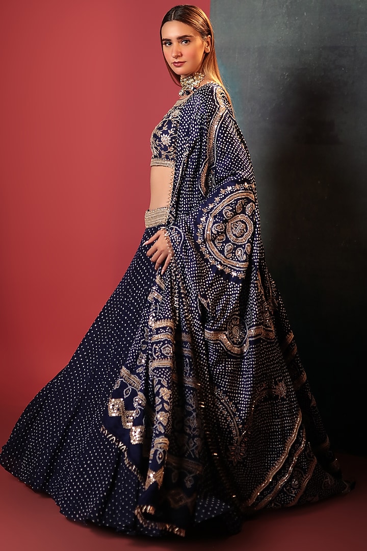 Blue Silk Embroidered Bandhani Wedding Lehenga Set by Siddhartha Daga at Pernia's Pop Up Shop
