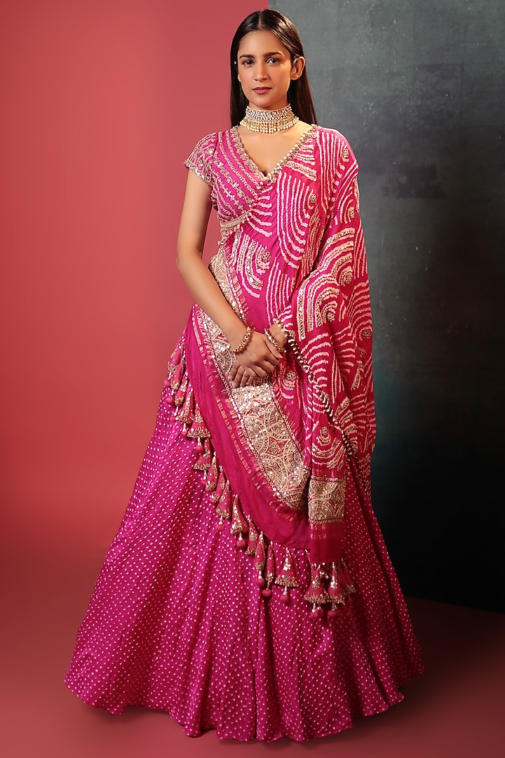 Pink Silk Embroidered Bandhani Lehenga Set by Siddhartha Daga