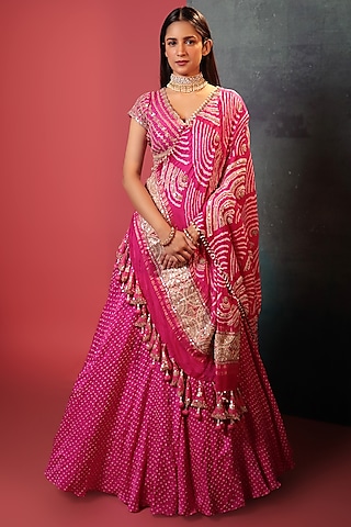 Pink Silk Embroidered Bandhani Lehenga Set by Siddhartha Daga