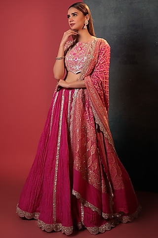 Pink Crush & Pure Georgette Silk Embellished Lehenga Set by Siddhartha Daga