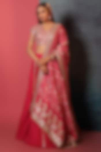 Strawberry Pink Crush & Pure Georgette Silk Embellished Wedding Lehenga Set by Siddhartha Daga at Pernia's Pop Up Shop