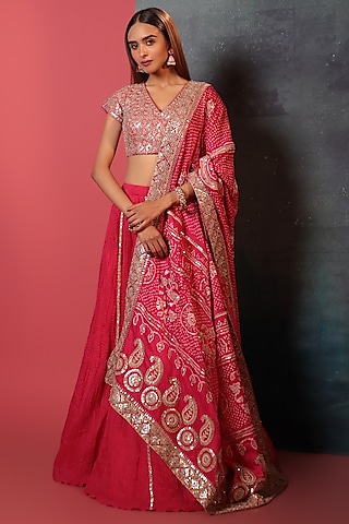 Strawberry Pink Crush & Pure Georgette Silk Embellished Lehenga Set by Siddhartha Daga