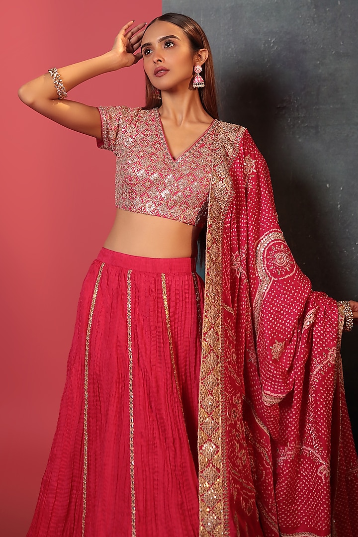 A Strawberry Pink Silk Lehenga Set With Dupatta