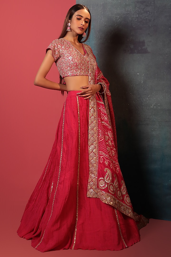 Strawberry Pink Crush & Pure Georgette Silk Embellished Wedding Lehenga Set by Siddhartha Daga at Pernia's Pop Up Shop