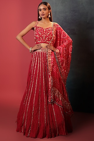Strawberry Pink Crush & Pure Georgette Silk Lehenga Set by Siddhartha Daga