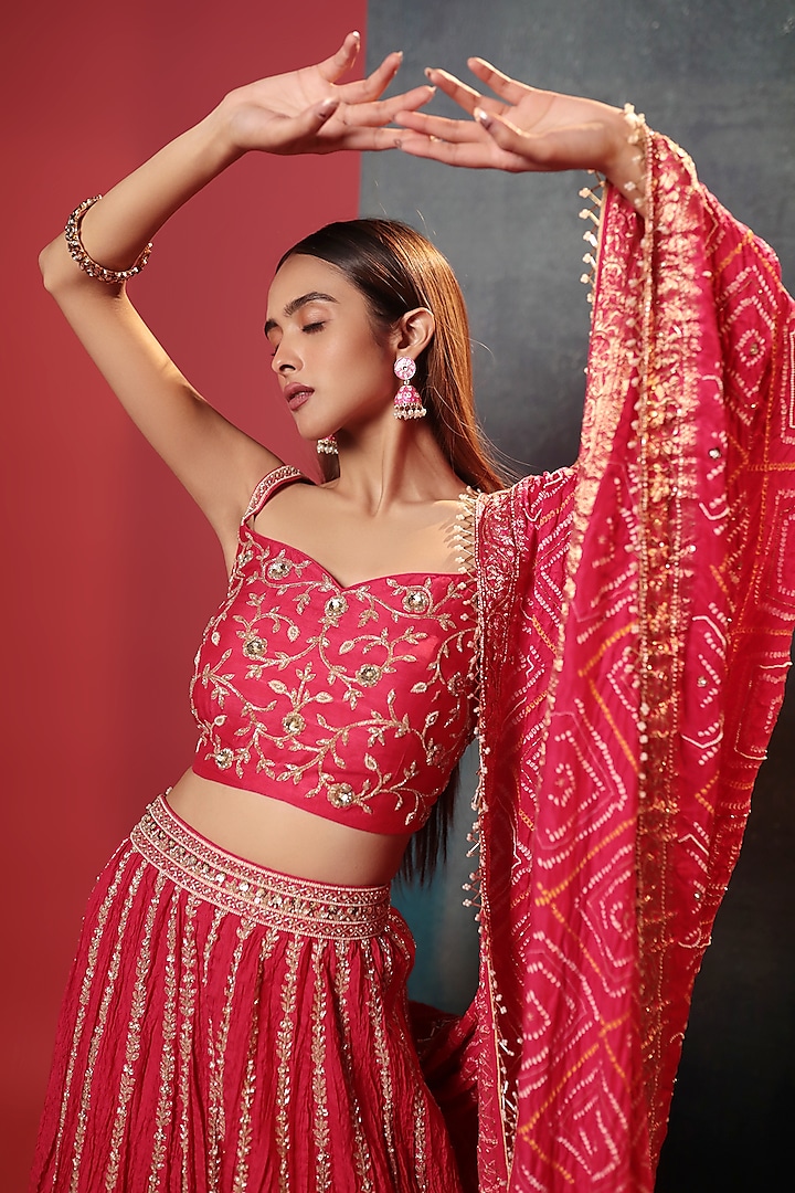 A Strawberry Pink Silk Lehenga Set With Dupatta