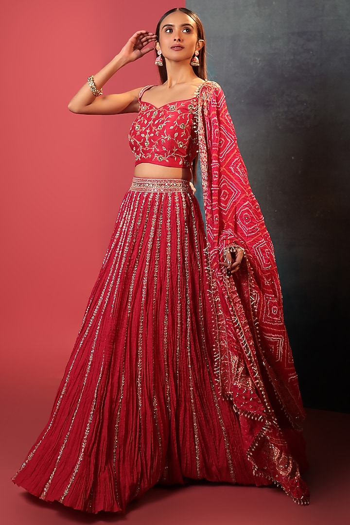 Strawberry Pink Crush & Pure Georgette Silk Wedding Lehenga Set by Siddhartha Daga at Pernia's Pop Up Shop
