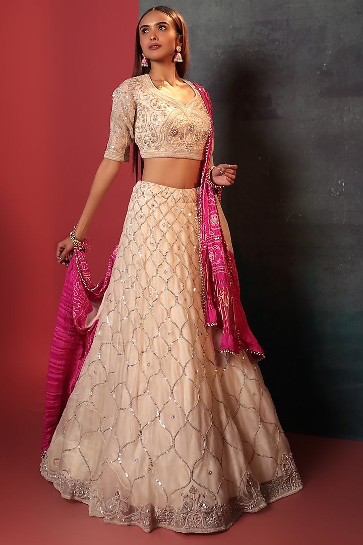 Off-White Silk & Organza Embroidered Wedding Lehenga Set by Siddhartha Daga at Pernia's Pop Up Shop