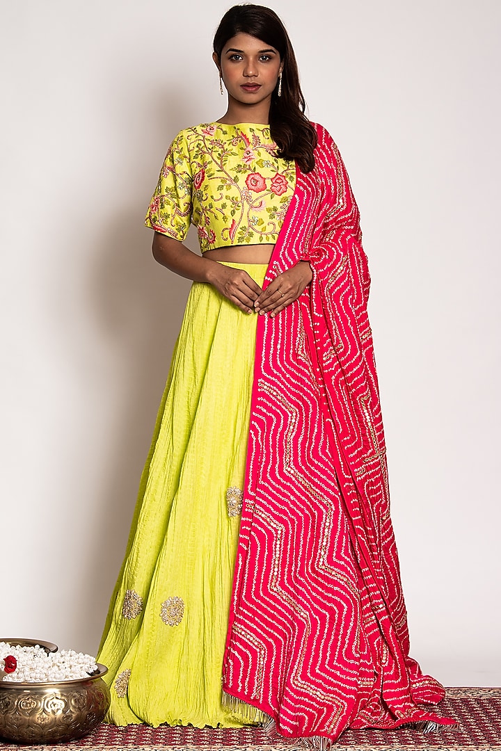 Lime Green Embellished Lehenga Set by Siddhartha Daga