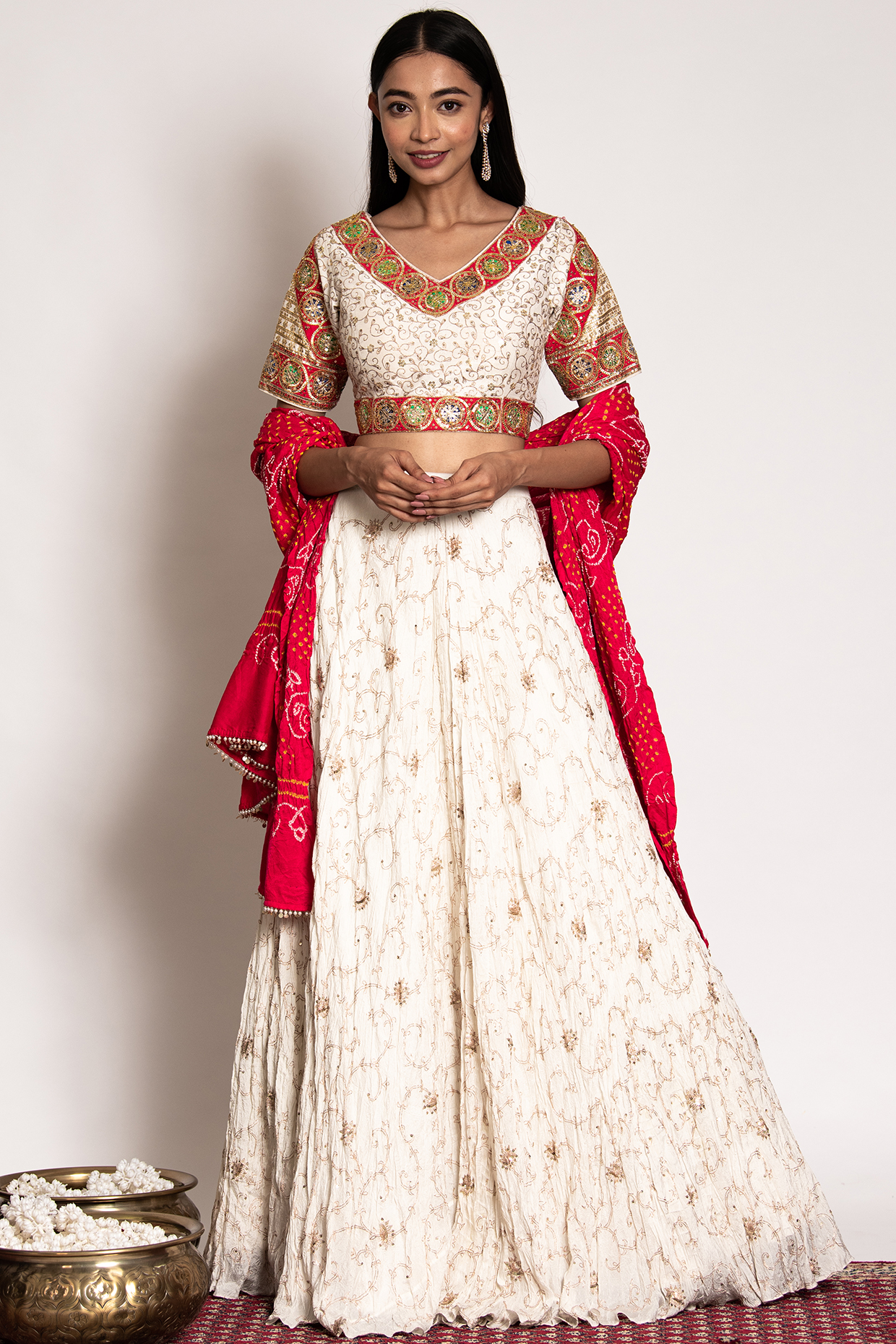 Ivory Silk Embroidered Lehenga Set by Siddhartha Daga