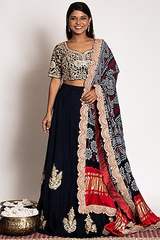 Dark Blue Embroidered Lehenga Set by Siddhartha Daga