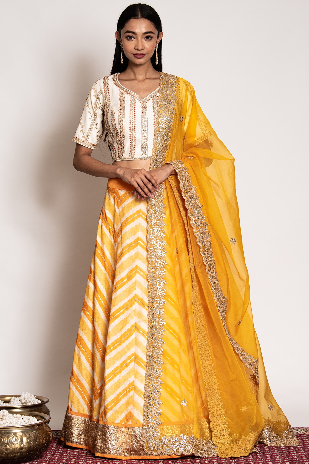 Buy Off white Sequins Yellow Brocade Lehenga with Choli Boti Net Dupatta  for Girls Online