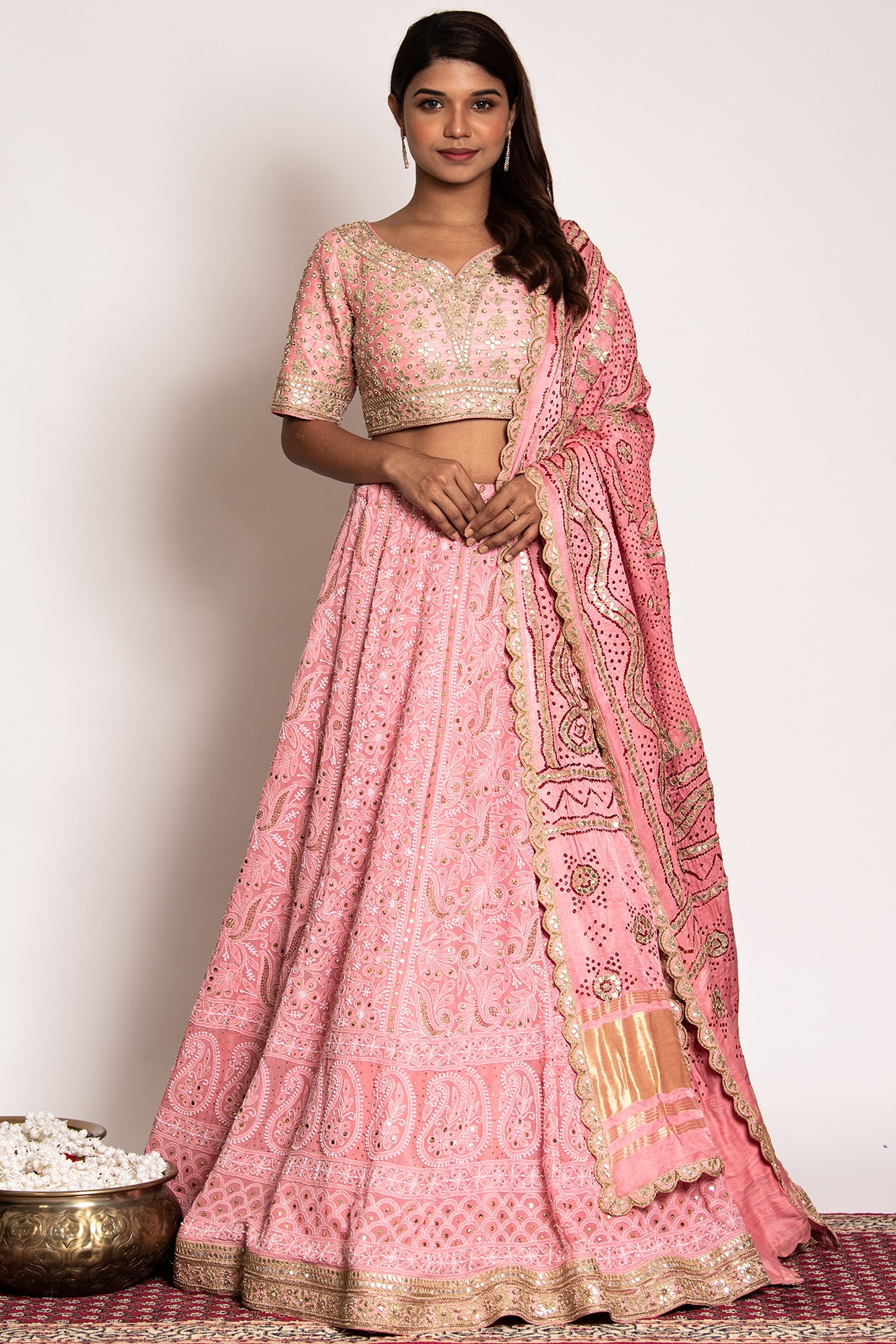 Peach Lucknowi Work Lehenga Choli Wedding Wear Lengha With Crop Top Dress  Sari | eBay