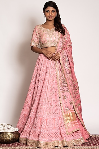 Peach Embroidered Lehenga Set by Siddhartha Daga