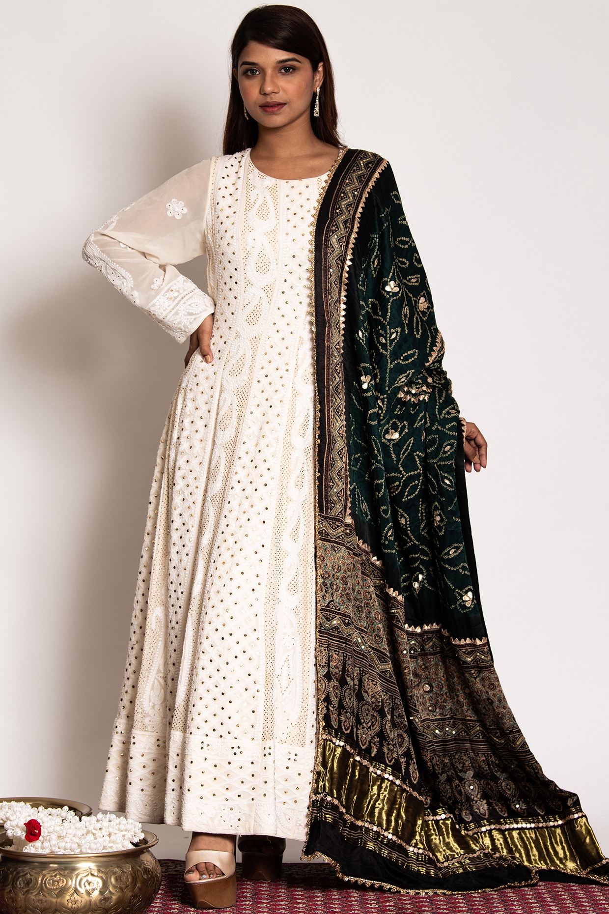 White chikankari anarkali on sale suit