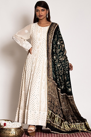 Ivory Anarkali Set With Embroidery by Siddhartha Daga