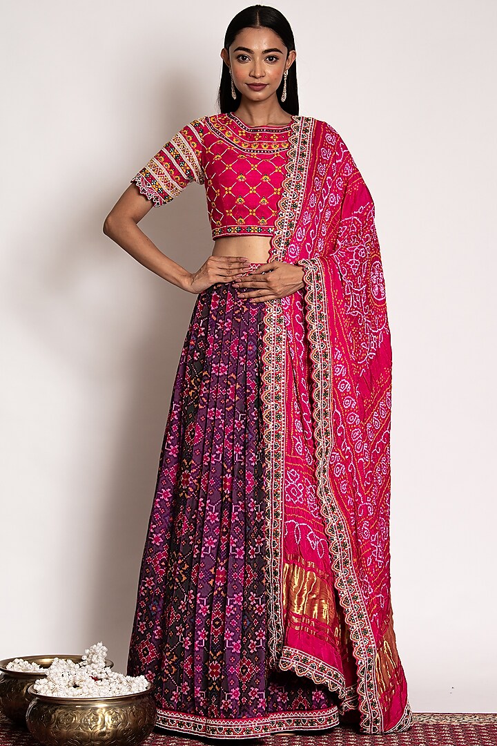 Purple Silk Pleated Lehenga Set by Siddhartha Daga