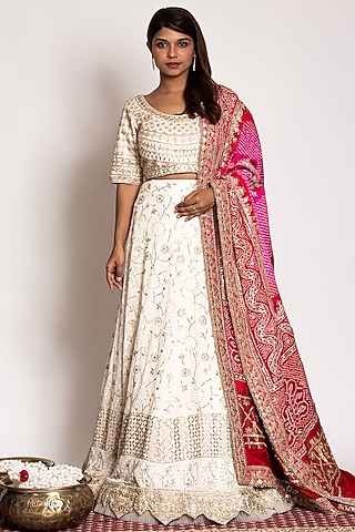 Off-White Embroidered Lehenga Set by Siddhartha Daga