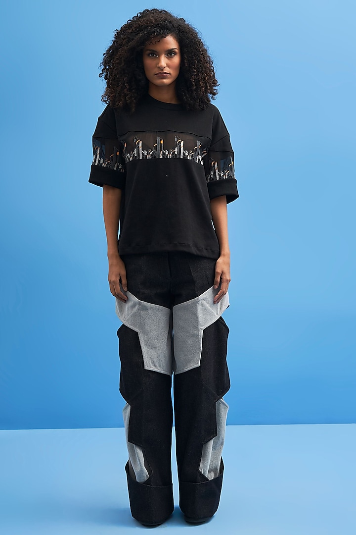 Black Cotton Hand Embroidered T-Shirt by SIDDHANT AGRAWAL