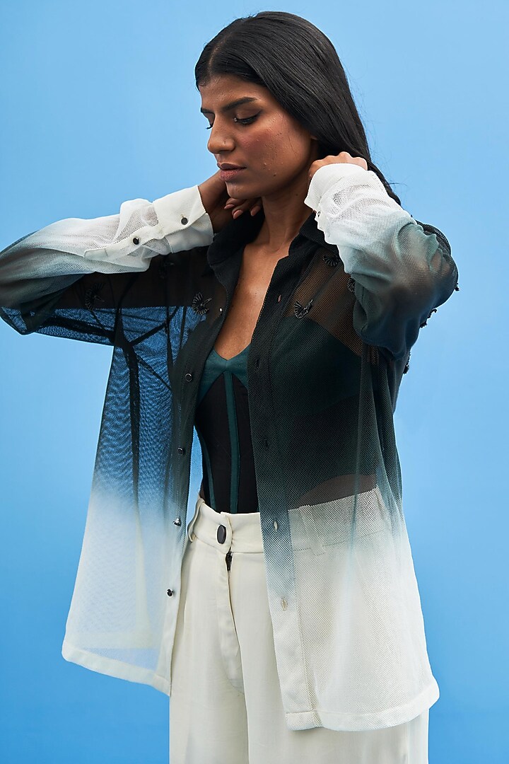 Black & White Ombre Embroidered Shirt by SIDDHANT AGRAWAL at Pernia's Pop Up Shop