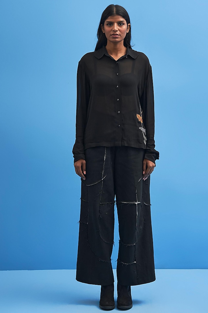 Black Cotton Hand Embroidered Shirt by SIDDHANT AGRAWAL