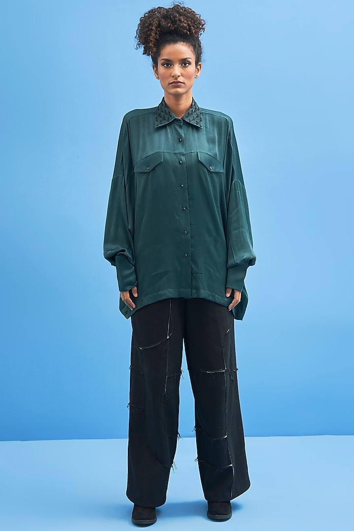 Green Satin Hand Embroidered Shirt by SIDDHANT AGRAWAL