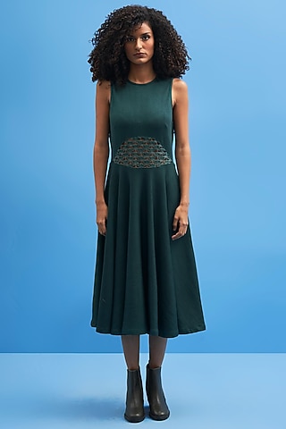 Green Cotton Hand Embroidered Dress by SIDDHANT AGRAWAL
