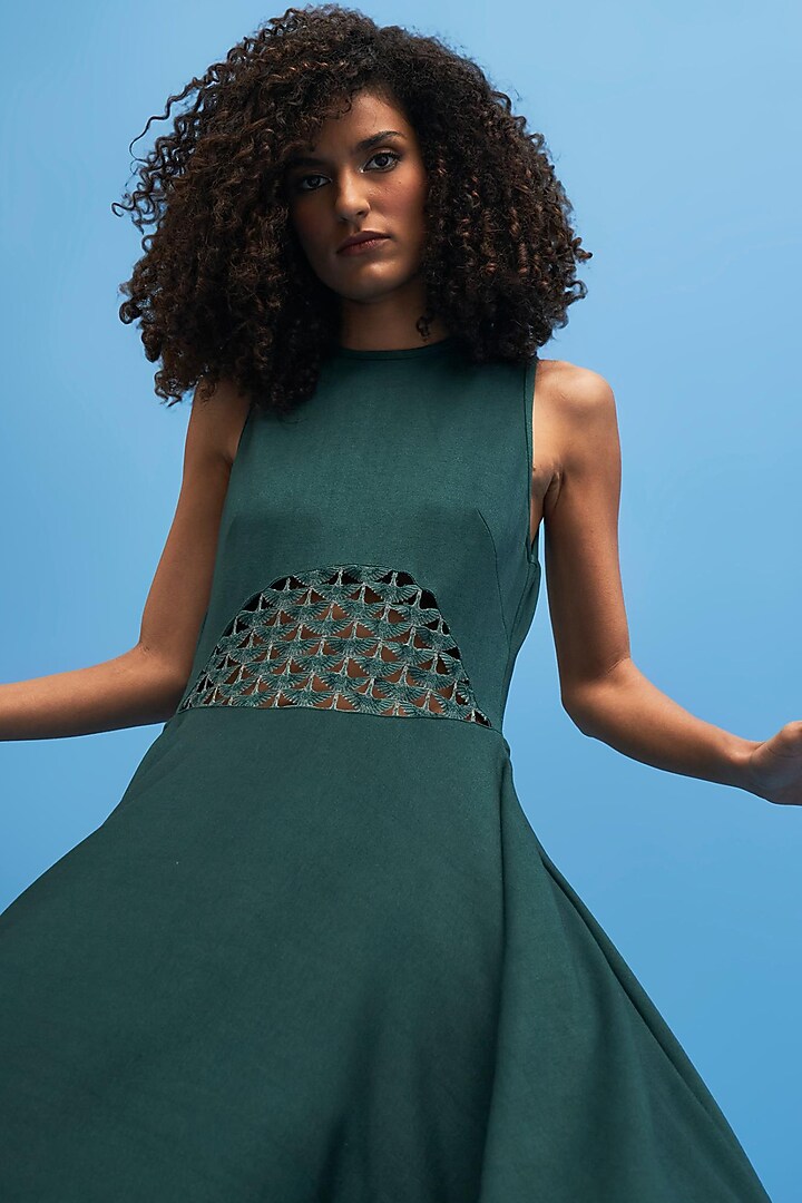 Green Cotton Hand Embroidered Vacation Dress by SIDDHANT AGRAWAL at Pernia's Pop Up Shop