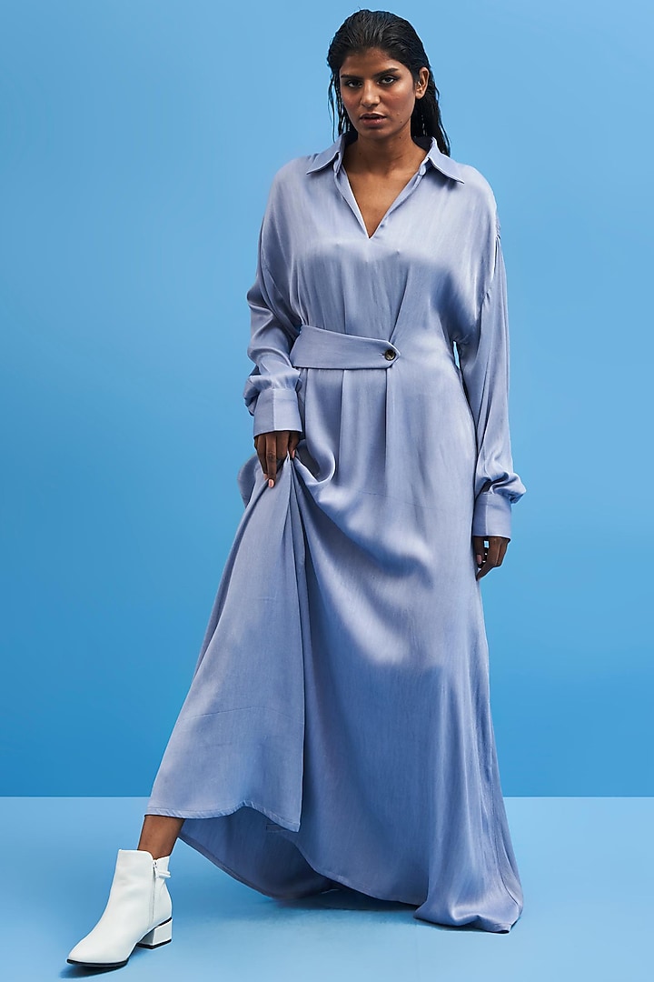 Steel Blue Satin Summer Dress by SIDDHANT AGRAWAL at Pernia's Pop Up Shop