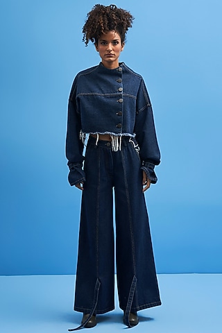 Blue Denim Crop Jacket by SIDDHANT AGRAWAL