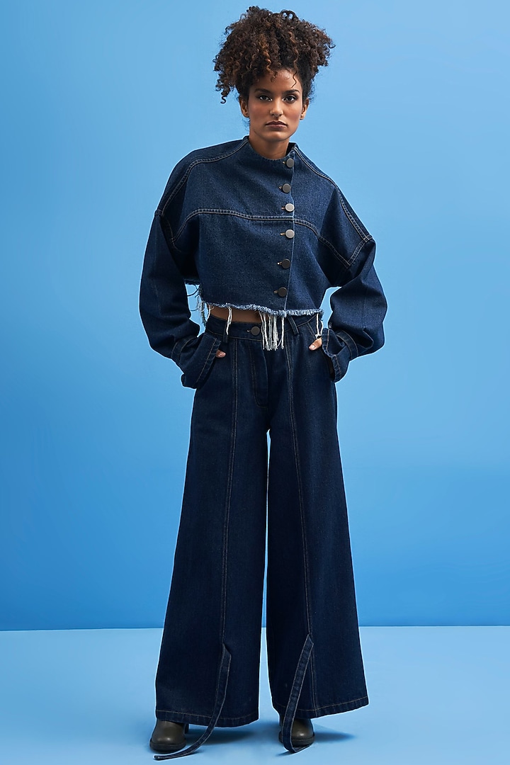 Blue Denim Crop Jacket by SIDDHANT AGRAWAL at Pernia's Pop Up Shop