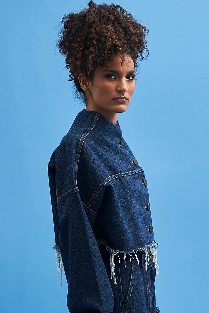 Blue Denim Crop Jacket by SIDDHANT AGRAWAL at Pernia's Pop Up Shop