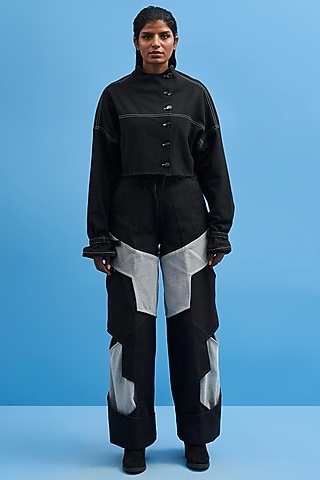 Black Cotton Hand Embroidered Crop Jacket by SIDDHANT AGRAWAL