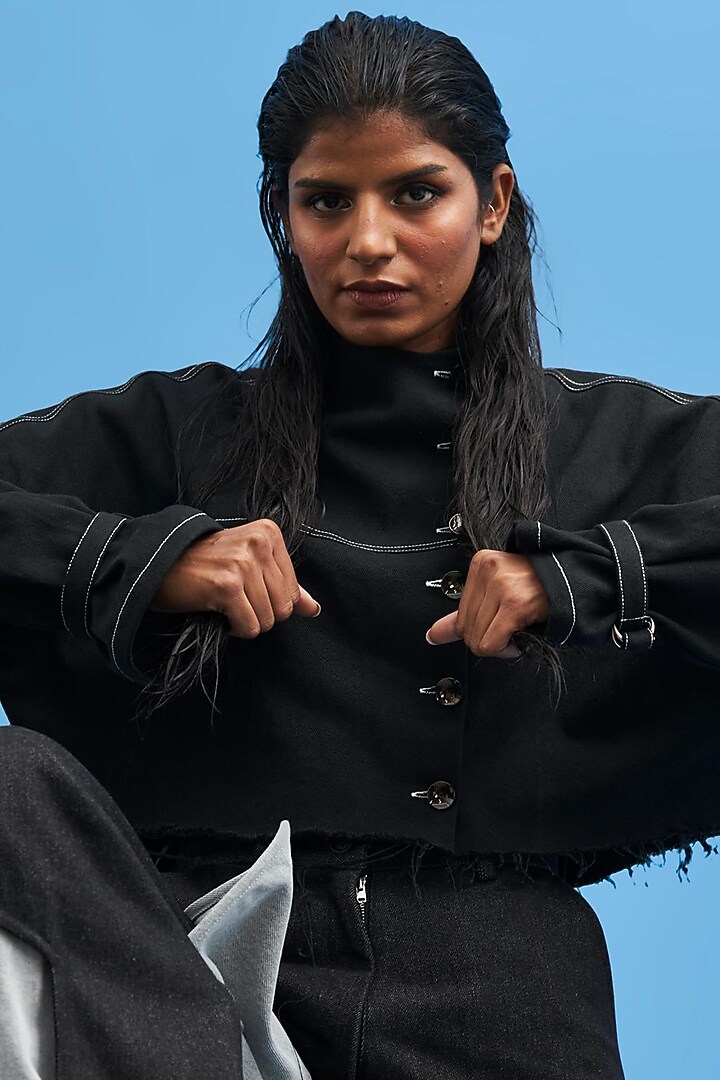 Black Cotton Hand Embroidered Crop Jacket by SIDDHANT AGRAWAL at Pernia's Pop Up Shop