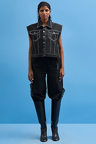 Black Denim Crop Jacket by SIDDHANT AGRAWAL