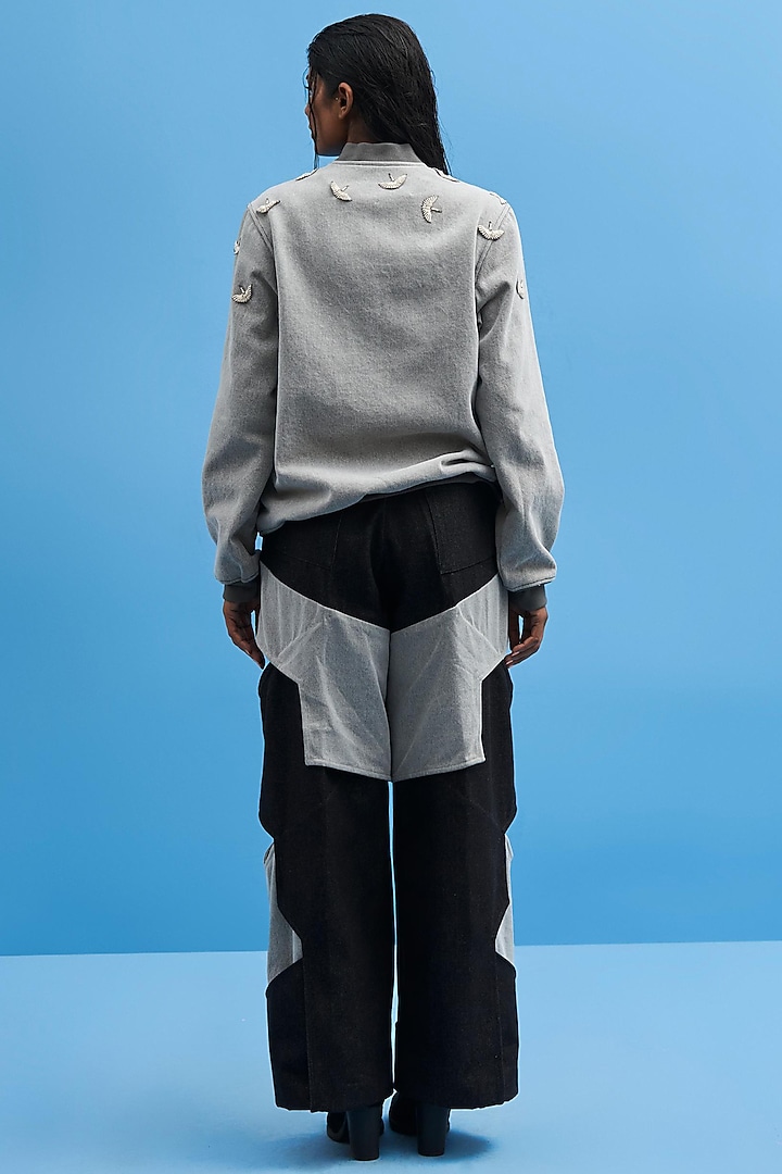Grey Denim Hand Embroidered Bomber Jacket by SIDDHANT AGRAWAL at Pernia's Pop Up Shop