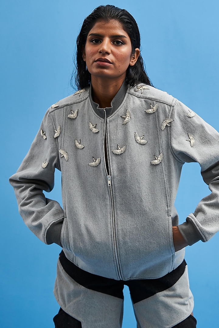 Grey Denim Hand Embroidered Bomber Jacket by SIDDHANT AGRAWAL at Pernia's Pop Up Shop
