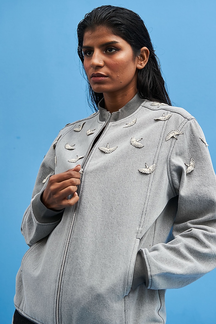 Grey Denim Hand Embroidered Bomber Jacket by SIDDHANT AGRAWAL at Pernia's Pop Up Shop