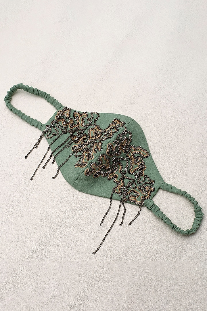 Sage Green Embroidered Mask With Metal Chain by SIDDHANT AGRAWAL