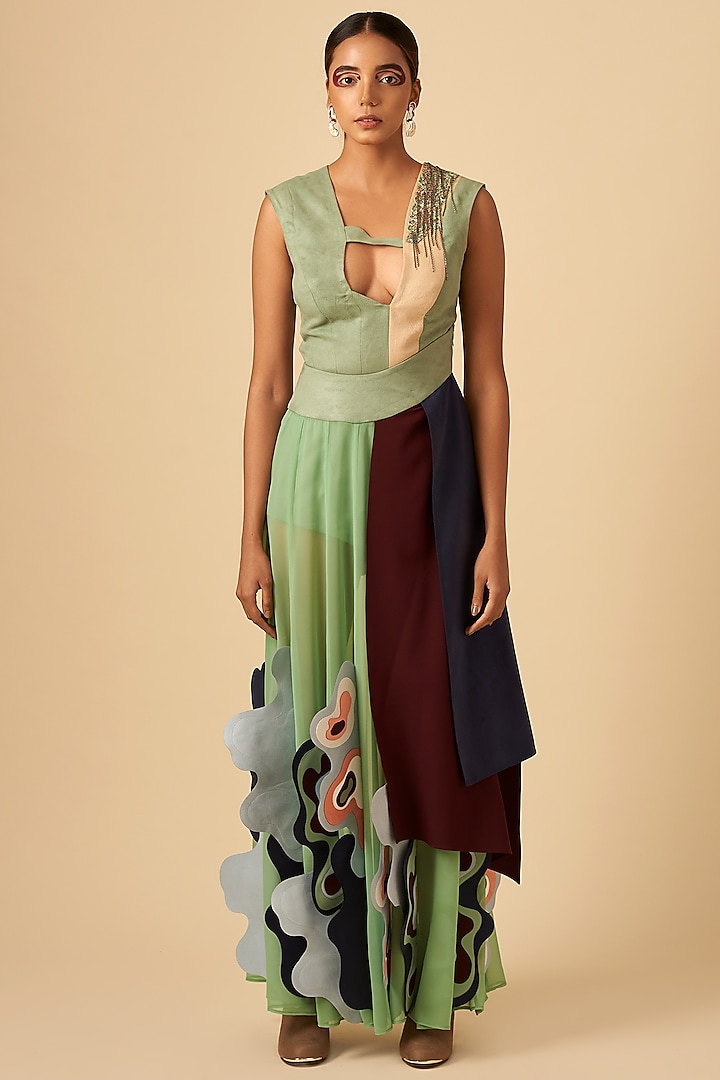 Sage Green Embroidered A-Line Skirt by SIDDHANT AGRAWAL