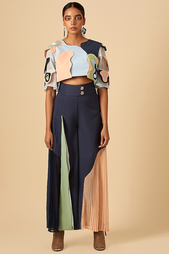 Baby Blue Embroidered Crop Top by SIDDHANT AGRAWAL