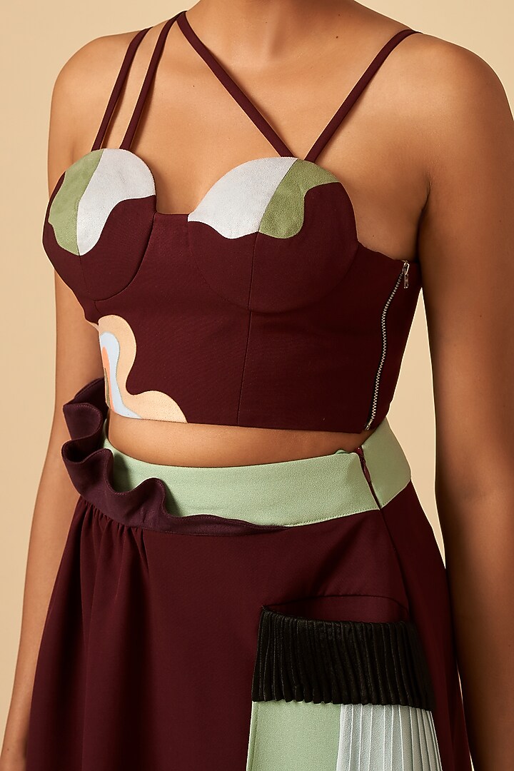 Maroon Embroidered Flared & Layered Skirt by SIDDHANT AGRAWAL at Pernia's Pop Up Shop