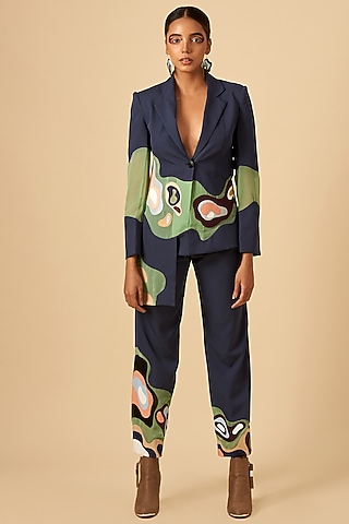 Navy Blue Embroidered Suit Jacket by SIDDHANT AGRAWAL