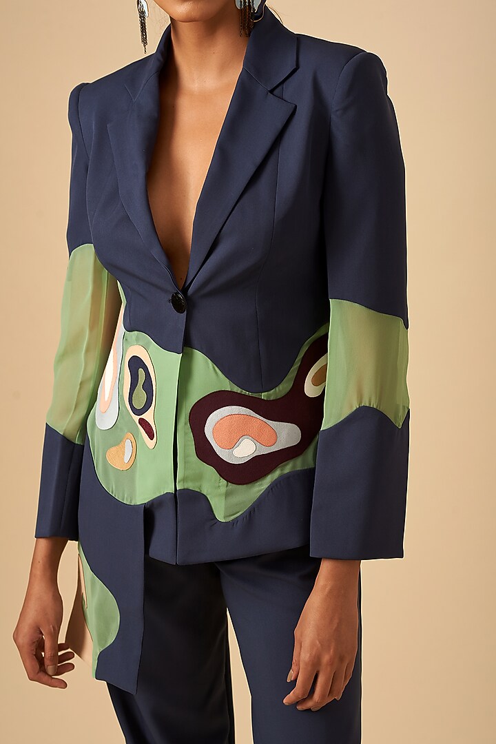 Navy Blue Embroidered Suit Jacket by SIDDHANT AGRAWAL at Pernia's Pop Up Shop
