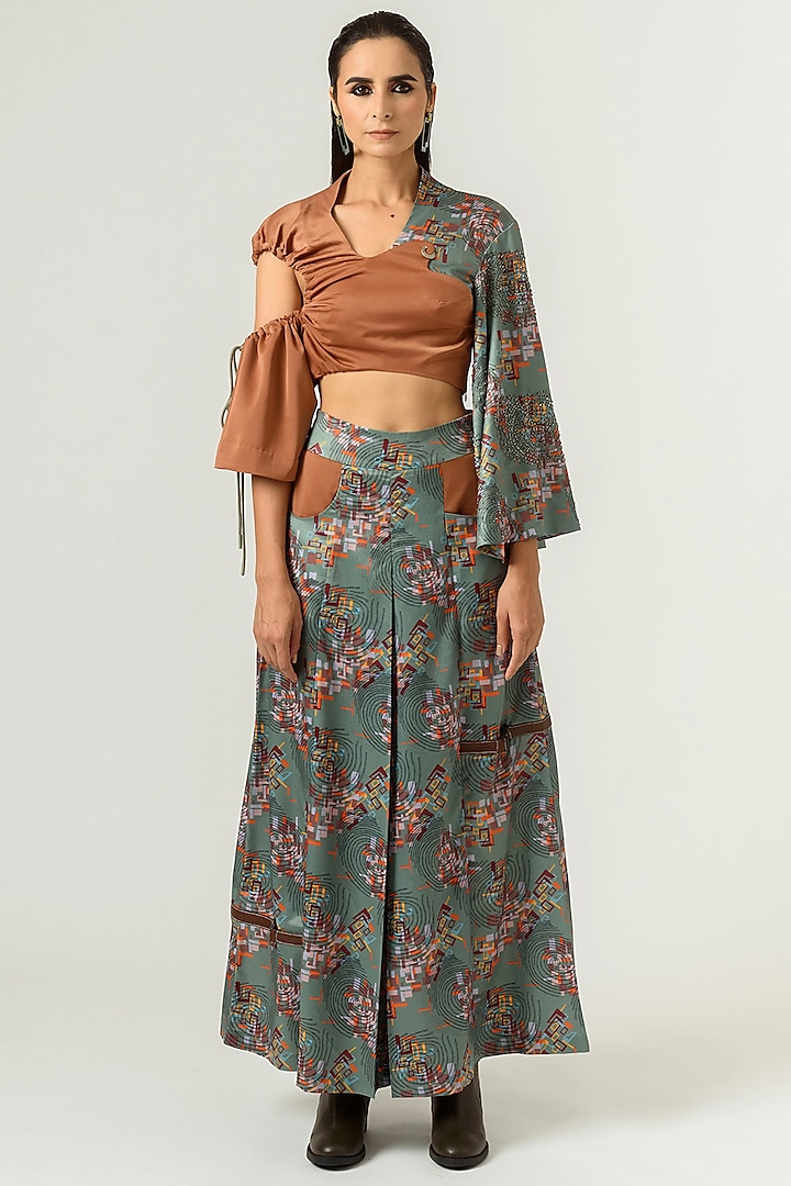 Burnt Almond & Hedge Green Printed Crop Top by SIDDHANT AGRAWAL